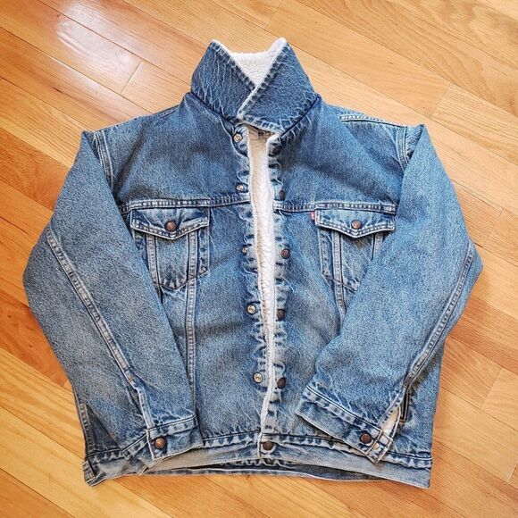 Levis VTG Mens Sherpa Lined Trucker Denim Jacket Size L Blue Chore Coat - Picture 1 of 11